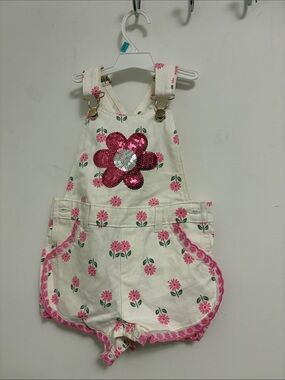 Cream Floral Sequin Flower Shortall Overalls for Kids